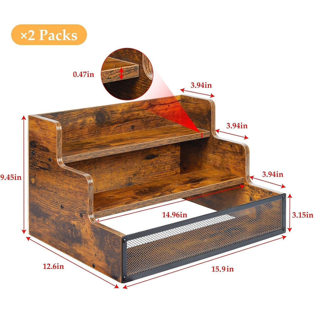 2 Pack 3 Step Countertop Liquor Bottle Display Shelf, Wood Bar Shelves 12 Bottles With Fences, Freestanding Storage Shelves For Liquor Whiskey Wine Coffee Syrup Display, Retro Wine Rack Home