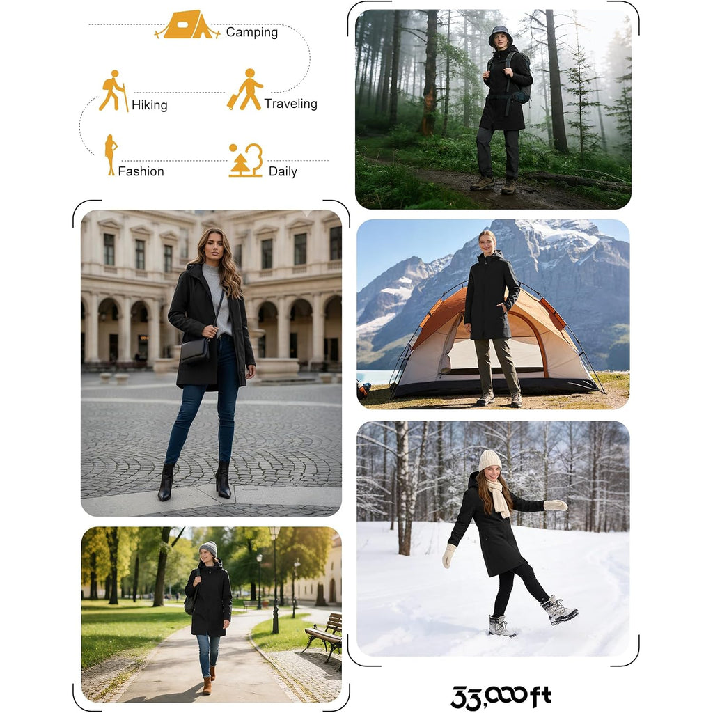 33,000Ft Women'S Waterproof Softshell Long Rain Jacket With Hood Fleece Lined Windproof Windbreaker