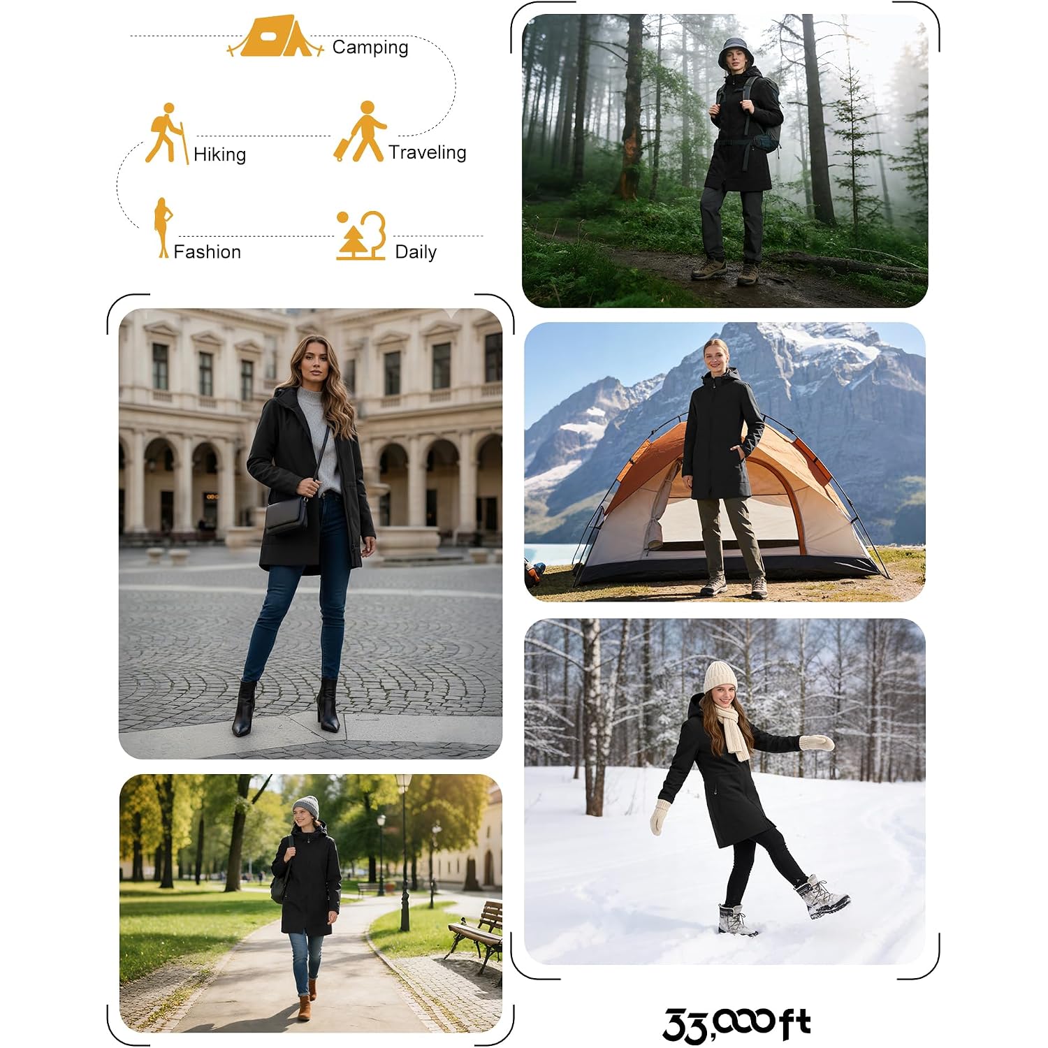 33,000Ft Women'S Waterproof Softshell Long Rain Jacket With Hood Fleece Lined Windproof Windbreaker