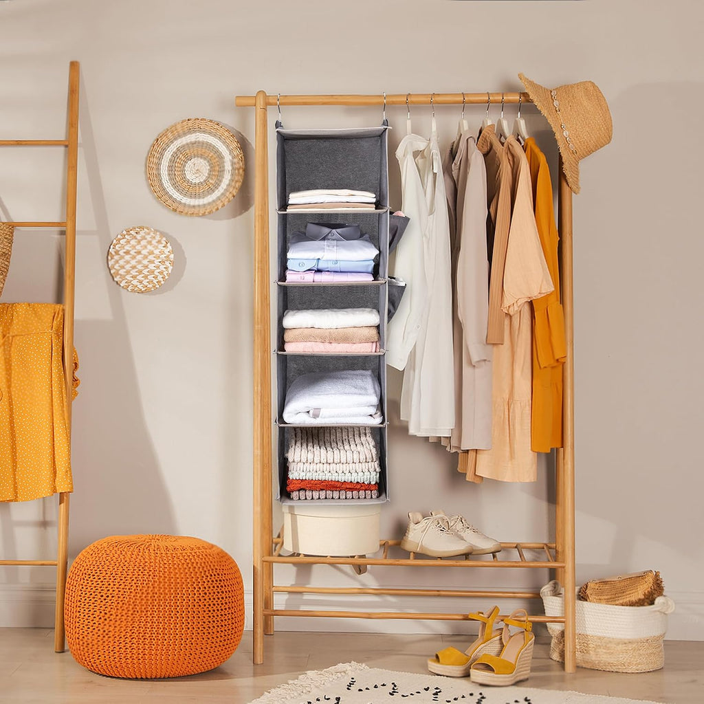 Boomiboo Hanging Closet Organize And Shelves，5-Hanging Shelf With 2 Side Pockets，Storage Foldable （Grey）
