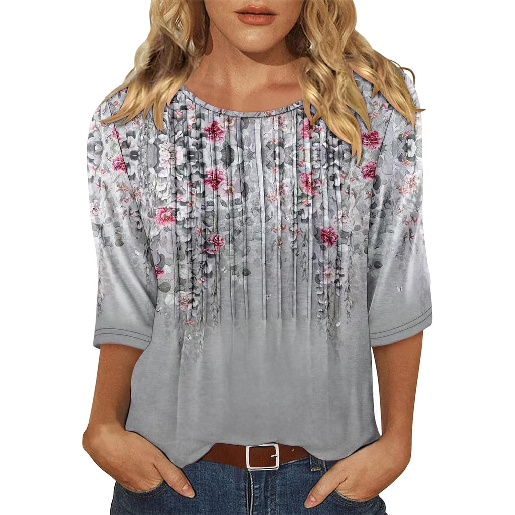 KISSMODA Women's Round Neck Pleated 3/4 Sleeve Tunic Top