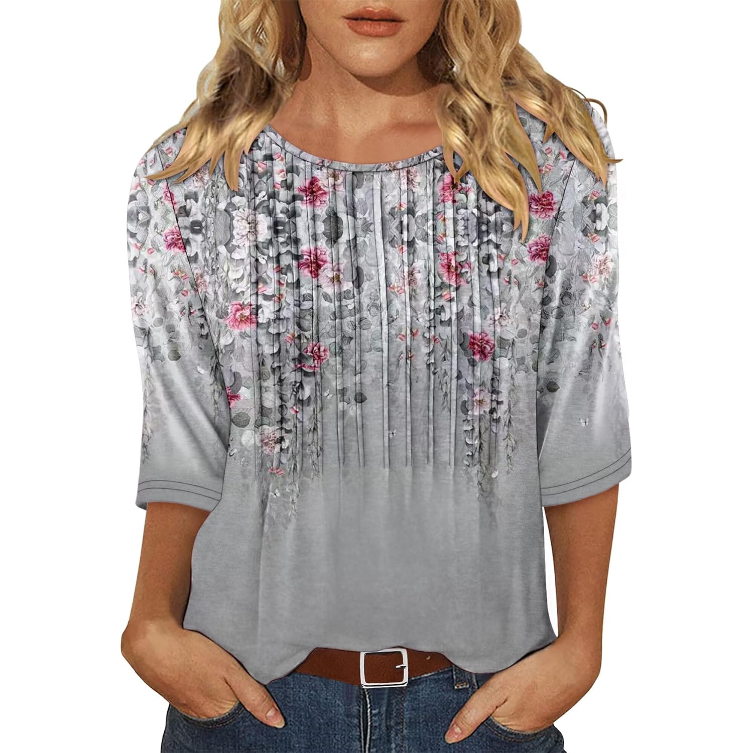 KISSMODA Women's Round Neck Pleated 3/4 Sleeve Tunic Top