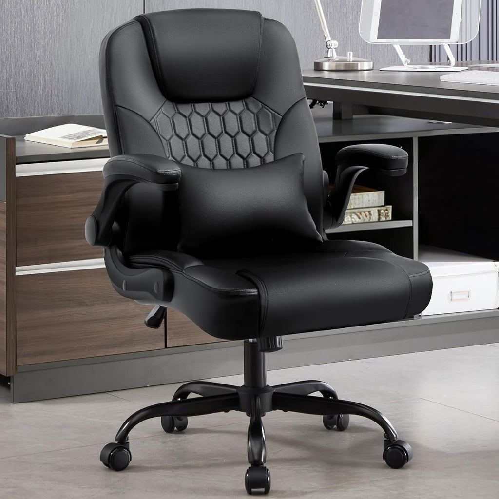 Executive Office Chair Pu,Leather Office Chair With Wheels,360° Swivel Rolling Chair With Padded Arms,Ergonomic Computer Chair With Lumbar Support For Short People Use(Black)