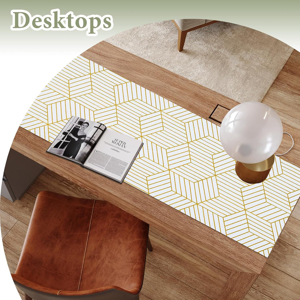 Shelf Liners For Kitchen Cabinets 12In X 20Ft, Non Adhesive Cabinet Liner Strong Non-Slip Thickened Gold Geometric Drawer Liner, Easy To Clean For Shelf, Cabinet With Knife And Tape Measure