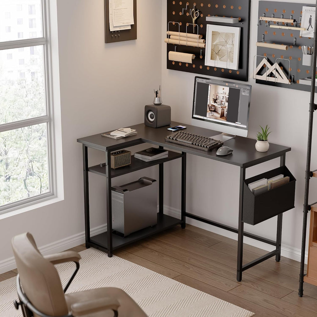 Pamray 40 Inch L Shaped Computer Desk With Reversible Side Storage Shelves, Small Corner Desk For Small Space Home Office, Writing Study Table Pc Desk For Bedroom, Black