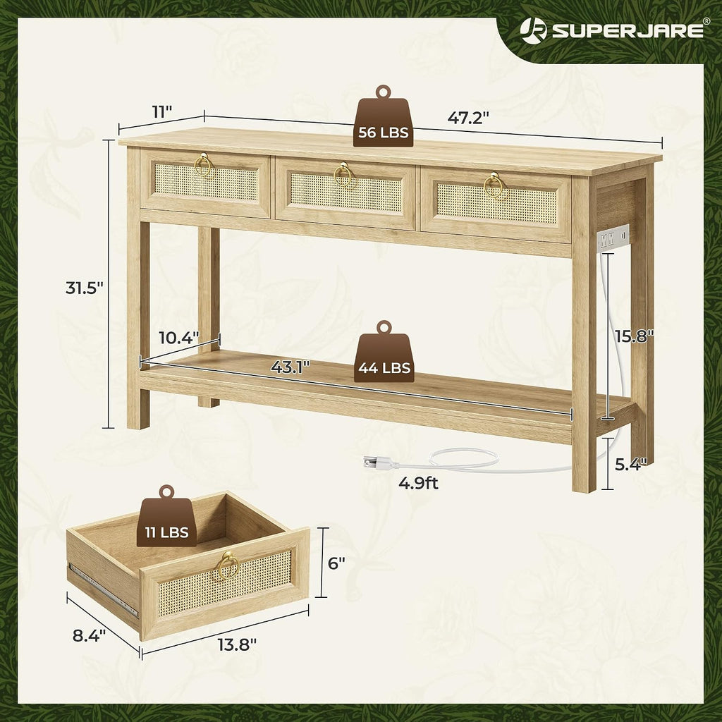 Superjare Rattan Console Sofa Table With Outlets And Usb-C Port, 3 Drawer Entryway Table With Synthetic Rattan Surface, Open Shelf, Behind Couch Entry Foyer Hallway Storage, Natural