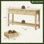 Superjare Rattan Console Sofa Table With Outlets And Usb-C Port, 3 Drawer Entryway Table With Synthetic Rattan Surface, Open Shelf, Behind Couch Entry Foyer Hallway Storage, Natural