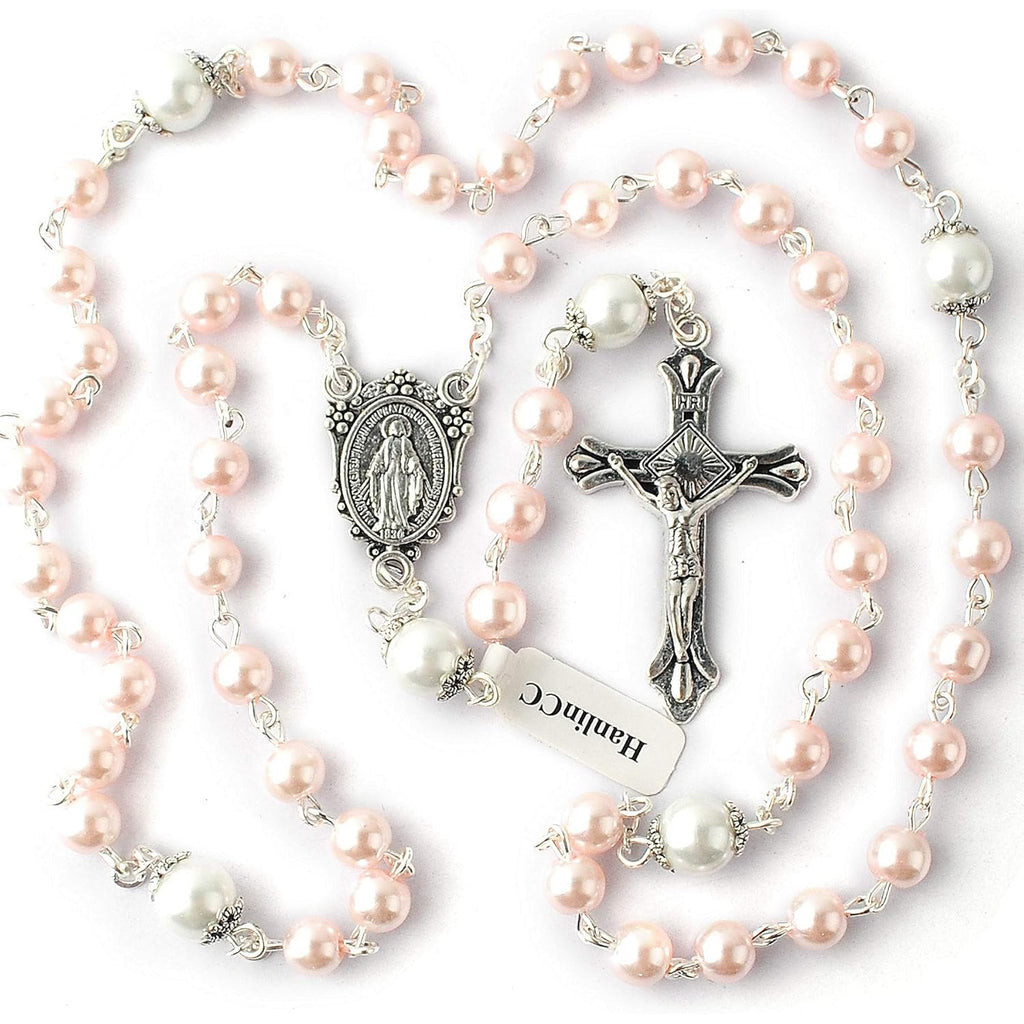 HanlinCC 6mm Glass Pearl Beads with 8mm Our Father Beads with Caps Rosary Pack in Miraculous Metal Gift Box