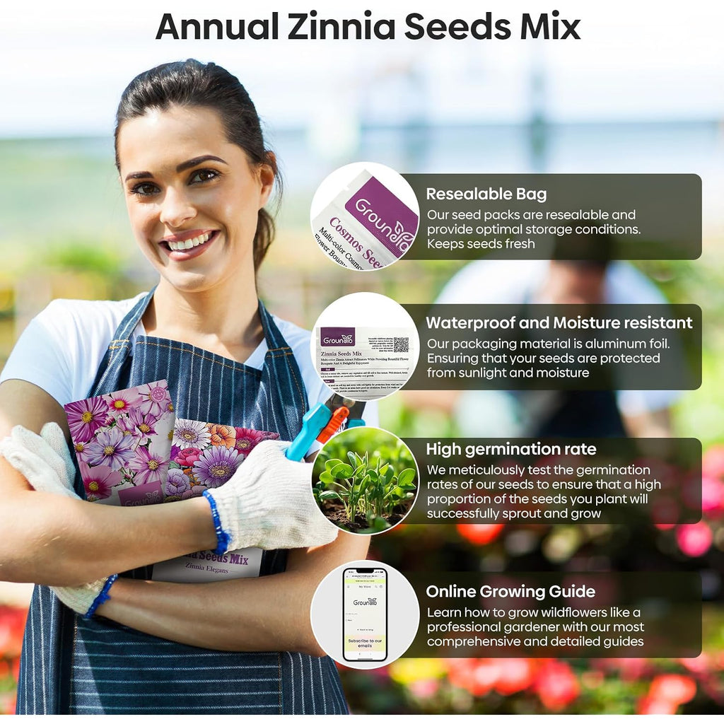 Zinnia Seeds Mix, 1 Oz, Over 3,000 Flowers Seeds, 5 Varieties (Pink, Yellow, Orange, White, Purple), Mixed Colors And Large Blooms,Open Pollinated - Bulk