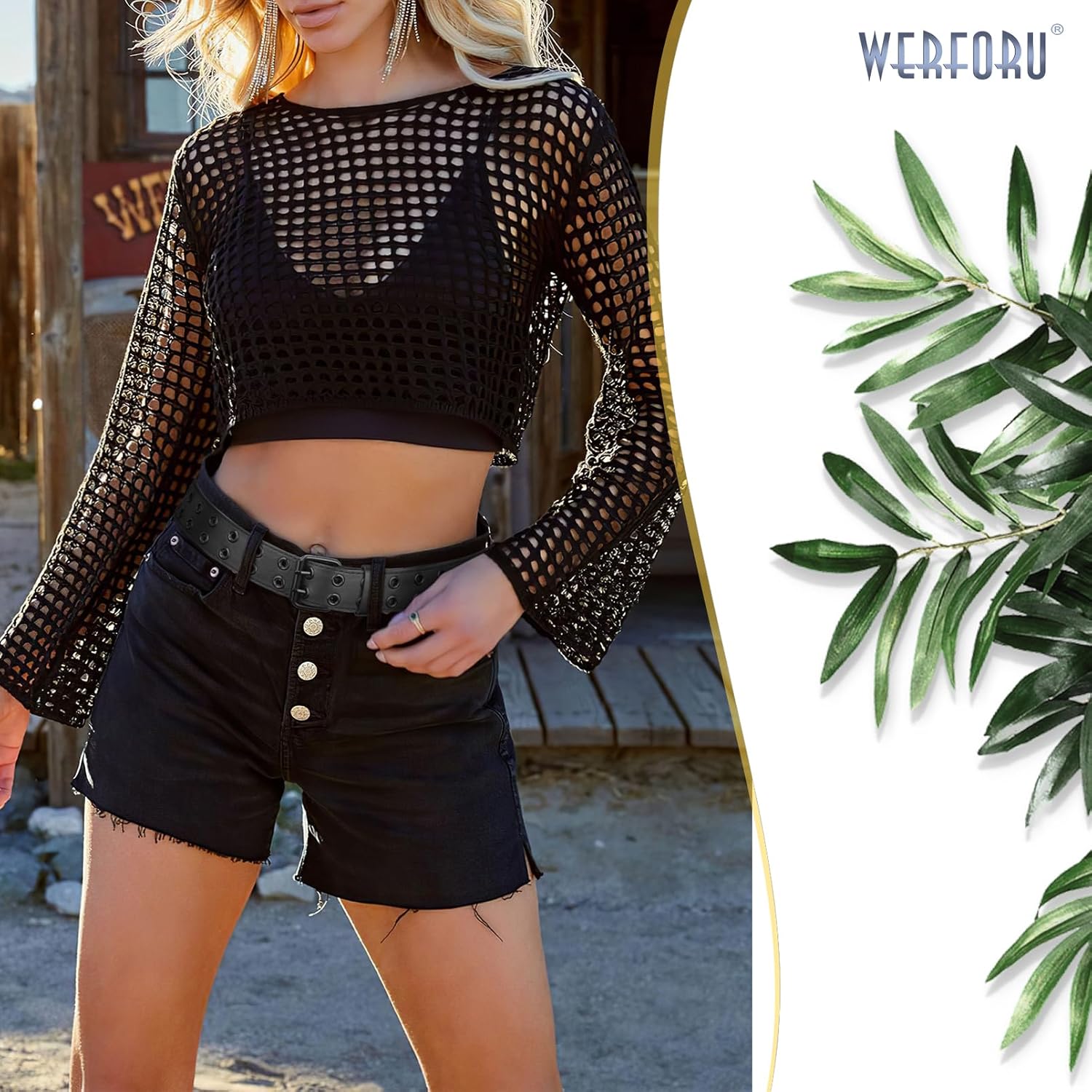 WERFORU Double Grommet Belt PU Leather Punk Belt for Women Men Jeans 2 Hole Belts 1.5 Wide
