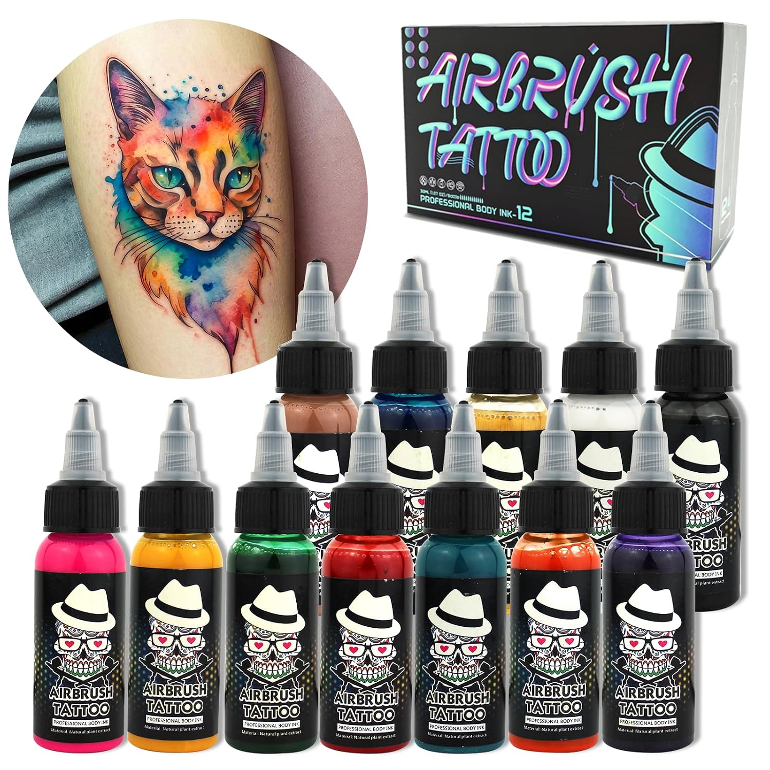 Professional Airbrush Body Paint, 12 Colors For Airbrush Temporary Tattoo Body Art, Indoor Glow Outdoor Festival Makeup, Edm Rave Cosplay Sfx, Air Brush Body Tattoo Colors, 1.06Oz/Bottle