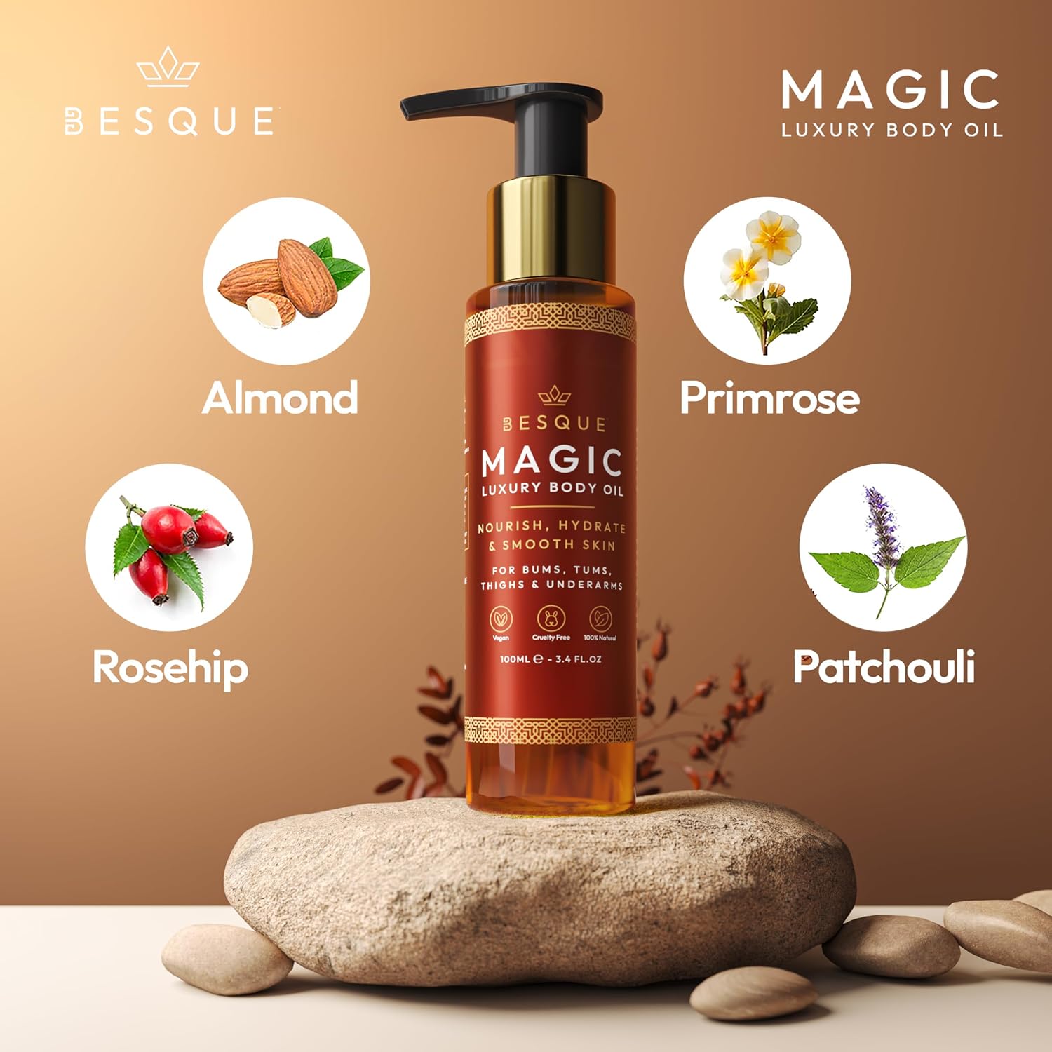 Besque Original Magic Body Oil, 3.4 Fl Oz, After Shower Body Oil For Women, Hydrating Skin Care For Full Body That Plumps, Tightens, & Firms Skin With Natural Ingredients, Made In Uk - Pack Of 1