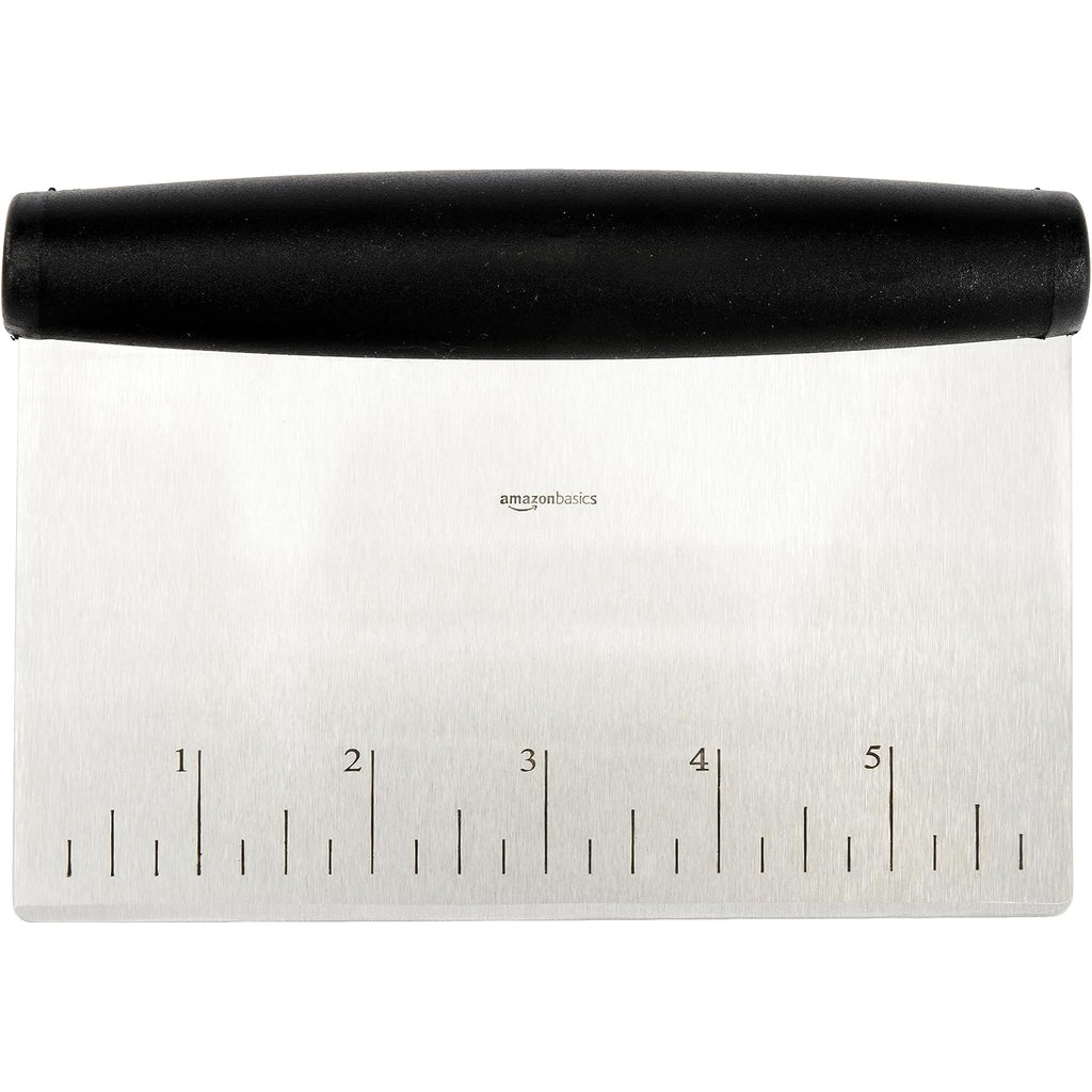 Amazon Basics Multi-Purpose Bench Scraper, Stainless Steel Dough Cutter With Measurement Marks, Dishwasher Safe, Non-Slip Contoured Grip, 6", Black, Silver