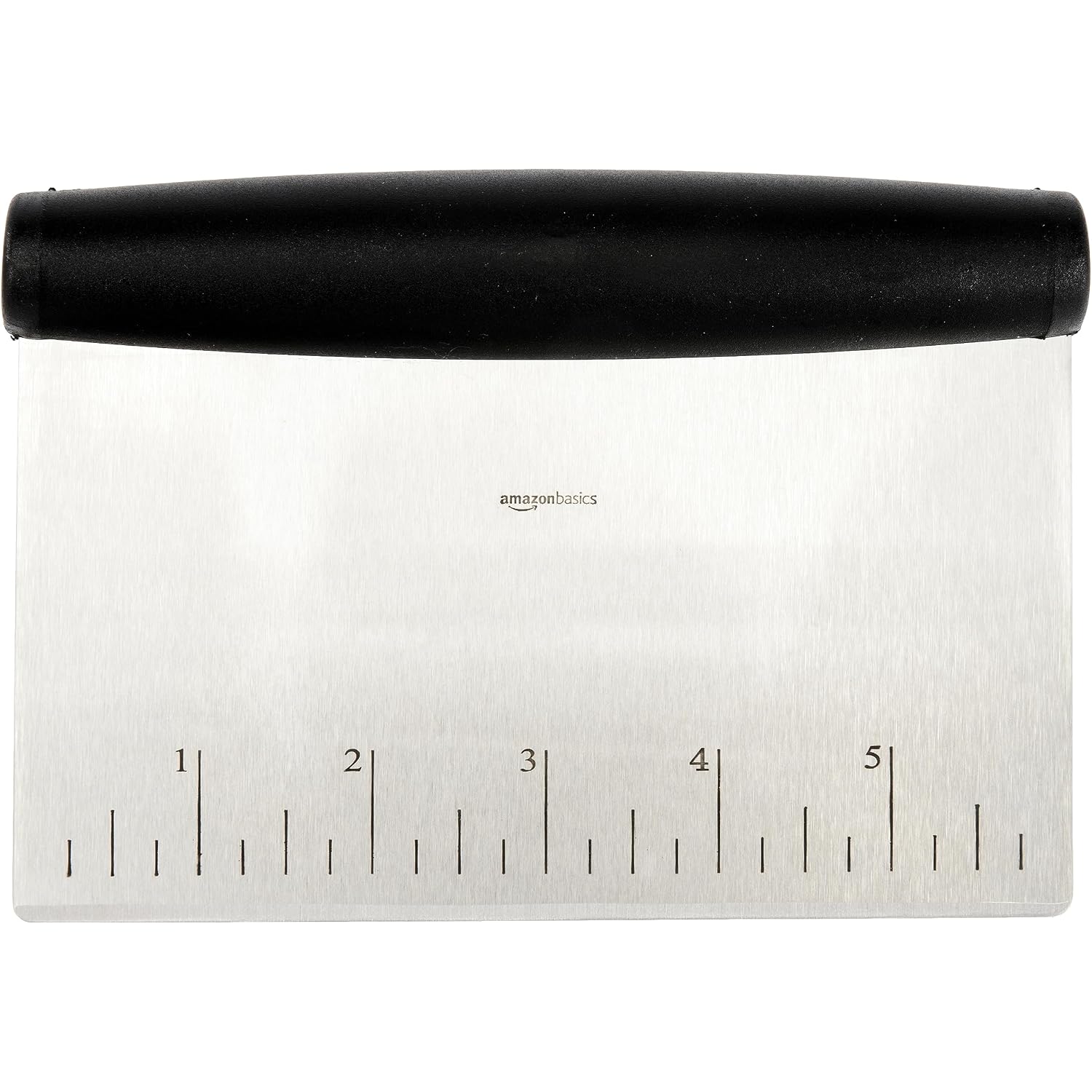 Amazon Basics Multi-Purpose Bench Scraper, Stainless Steel Dough Cutter With Measurement Marks, Dishwasher Safe, Non-Slip Contoured Grip, 6", Black, Silver