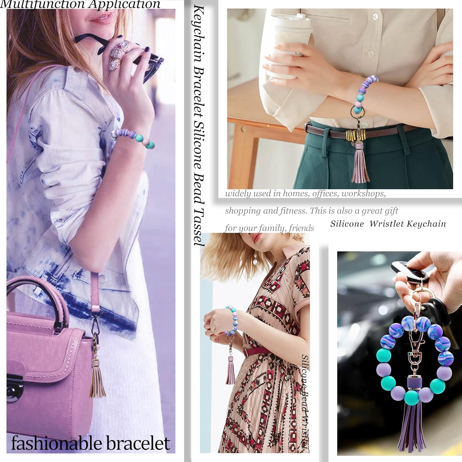 BIHRTC Key Ring Bracelet Car Keychain Holder Wristlet Silicone Women Beaded Bangle Chains