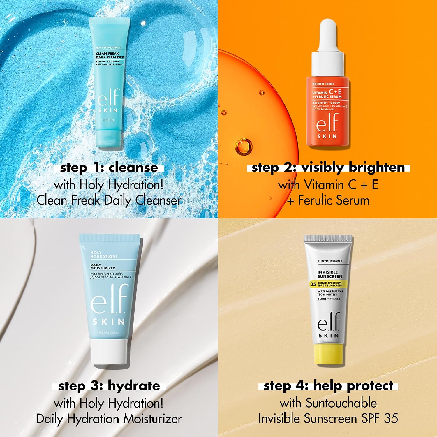 E.L.F. Skin Wake The E.L.F. Up Skincare Kit, Travel-Size Hydrating Face Cleanser, Sunscreen, Moisturizer & Brightening Serum, Vegan & Cruelty-Free