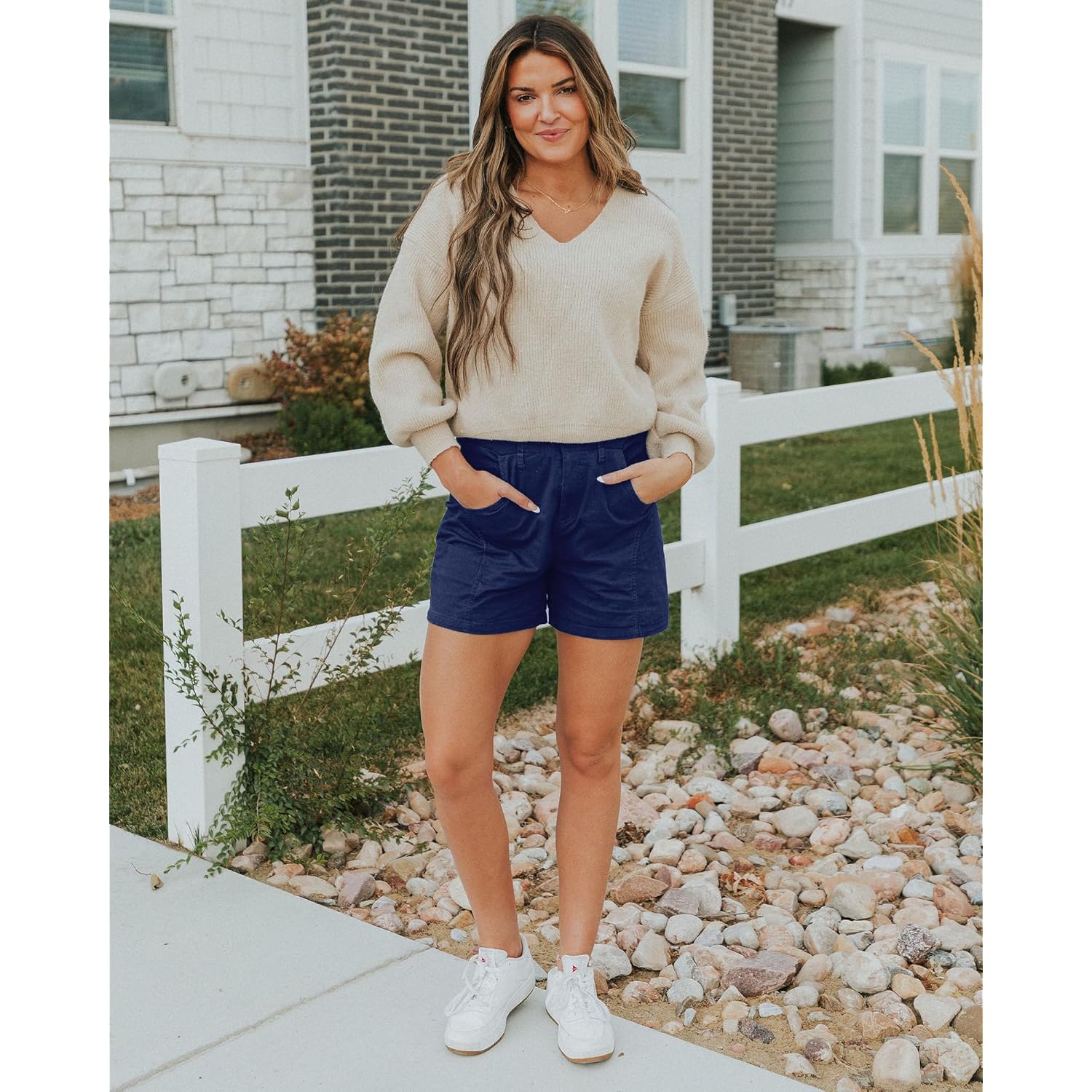 Shorts for Women Trendy Casual Summer High Waisted Chino Shorts Ribbed Elastic Waist Comfy Shorts with Pockets