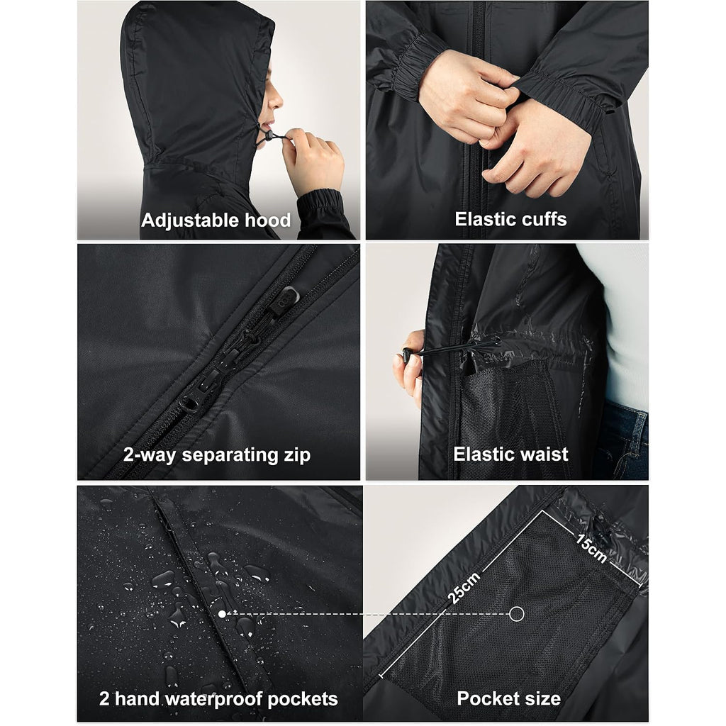 33,000Ft Women'S Waterproof Long Rain Coats Packable Rain Jacket With Hood Trench Coats Windbreaker
