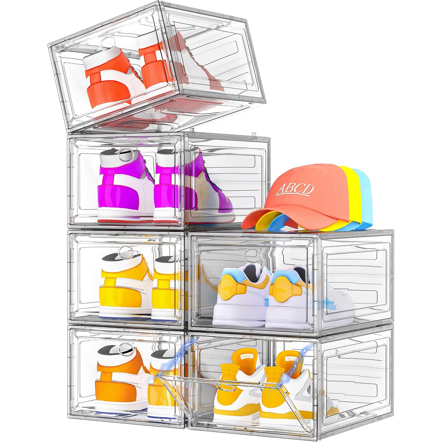 7 Code Shoe Organizer, Clear Thickened Stackable Shoe Boxes With Magnetic Door, Collapsible Closet Storage Rack For Sneakers & Boots, 6 Pack White, Virgin Material, Not Recycled Plastic For Household