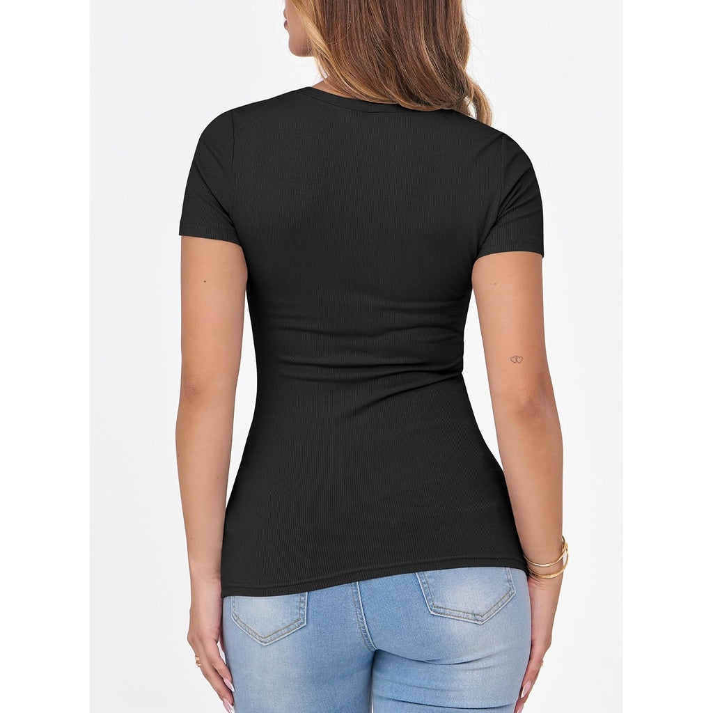 Women Short Sleeve Crewneck Ribbed Knit Slim Fitted Shirts Summer Tops Basic Tee Casual 2026 Spring Outfits Clothes