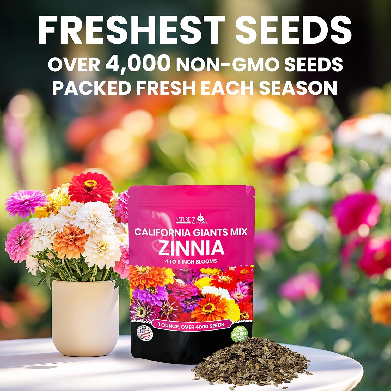 Naturez Edge Zinnia Seeds For 2026 Planting Outdoors, Over 4000 Flower Seeds, 1 Oz, Non Gmo Made In Usa, Bulk Semillas De Flores Para Sembrar, California Giants, Easy To Grow Zinnia Seed Mix