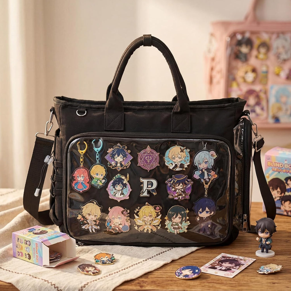 Large Ita Backpack Shoulder Tote Bag Crossbody Handbags Kawaii Black Ita Purse With Clear Pvc Insert For Pin Display Kpop Fan Anime (Pins Not Included)