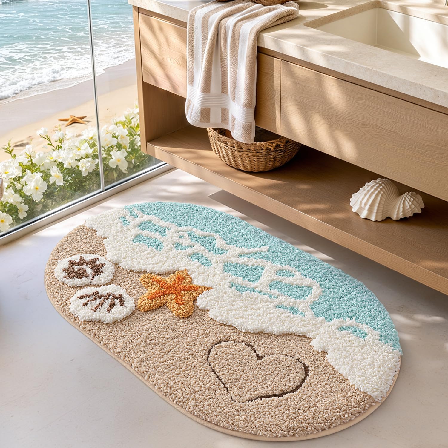 Lumi Soft And Absorbent Beach Bathroom Rug, Non-Slip Backing, Ideal For Bathroom, Kitchen And Entryway Decor, Sea Beach Starfish Shell Bath Decor, Blue, 22"X34"
