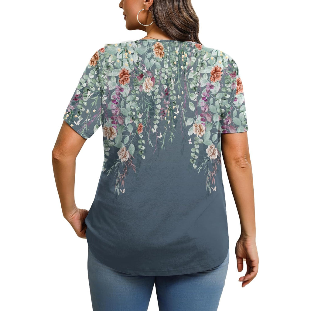 IN'VOLAND Womens Plus Size Tunic Top Summer Short Sleeve T-Shirt V-neck Button Up Dressy Blouse Casual Pleated Pullover 1X-5X