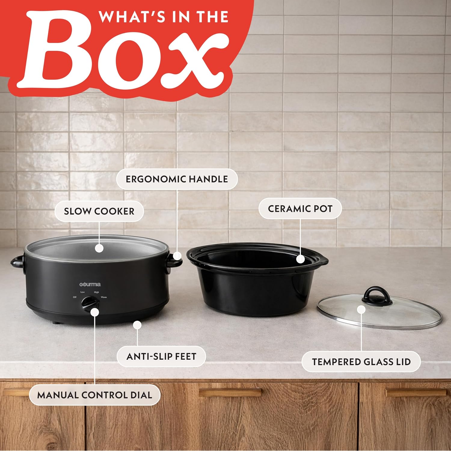 Gourmia Slow Cooker - 6 Quart Removable Ceramic Pot, Manual Controls With 3 Temperature Settings, Dishwasher Safe Crock And Glass Lid, Black