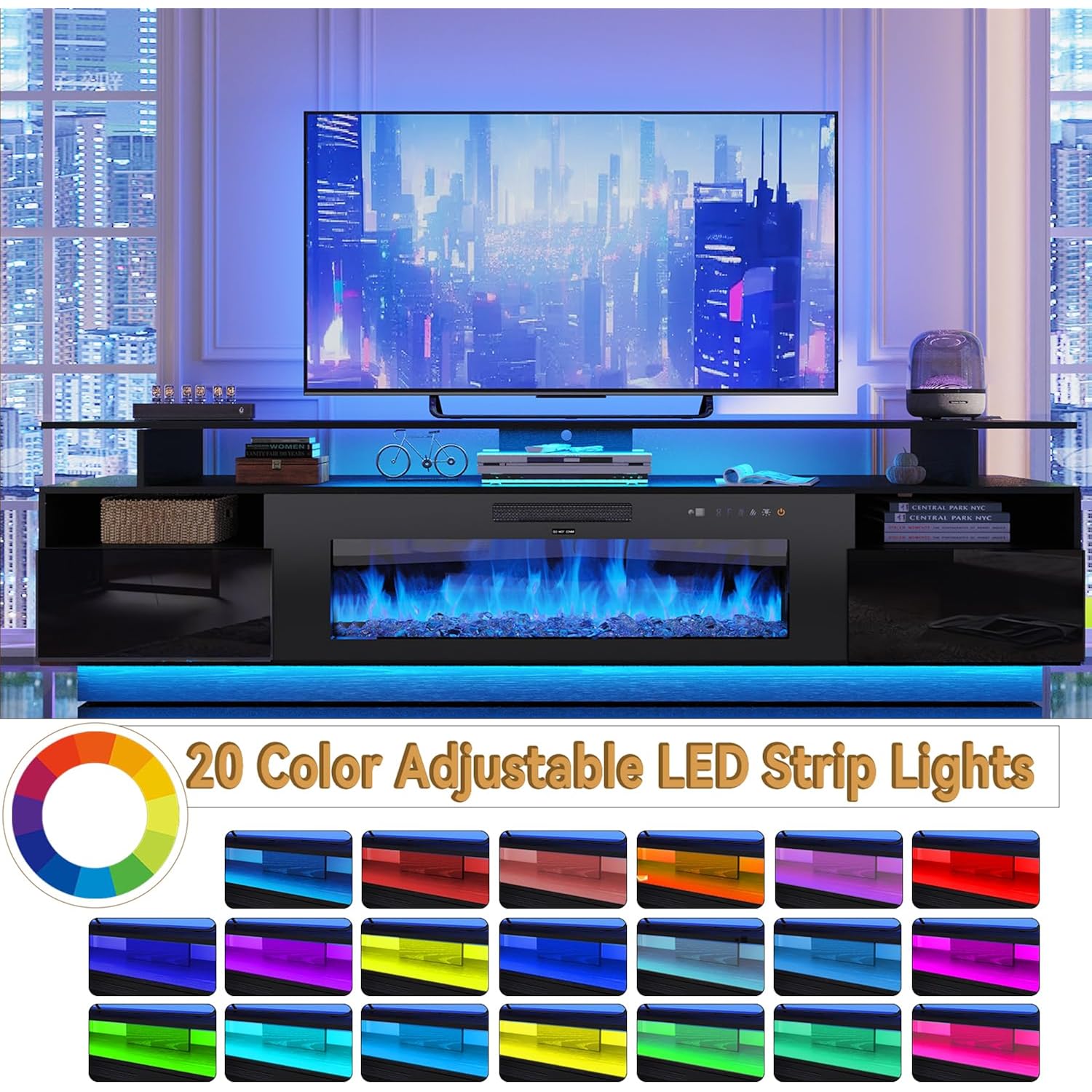 Fjtjbsi 70" Fireplace Tv Stand With 36" Electric Fireplace Entertainment Center With Charging Station And Led Light Console Table For Television Up To 80 Inch With Storage For Living Room