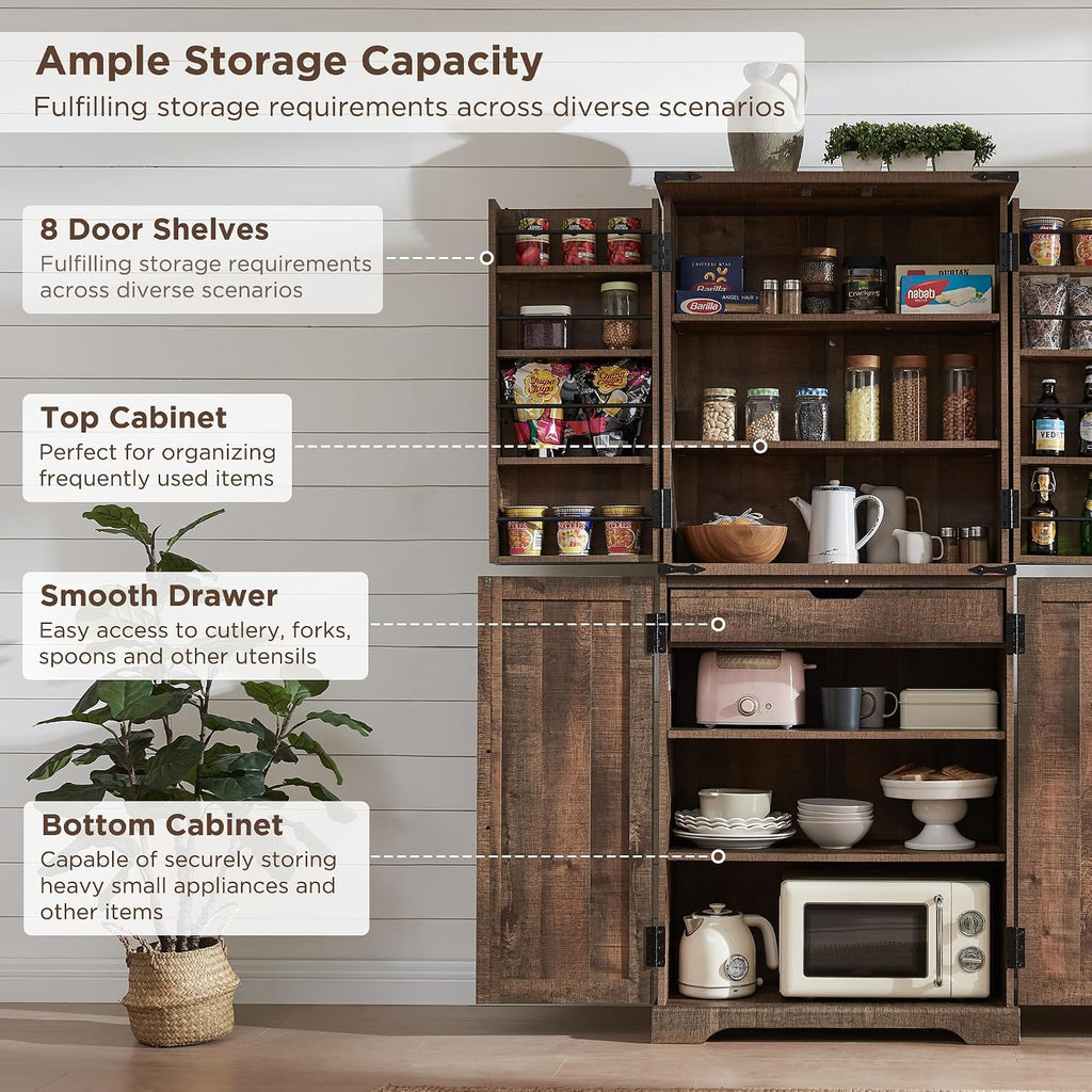 72" Tall Wooden Pantry Storage Cabinet With Door Shelves & Drawer | Farmhouse, Barn Doors, Adjustable Shelves, Freestanding, Anti-Tip Kit, For Kitchen, Dining Room, Living Room