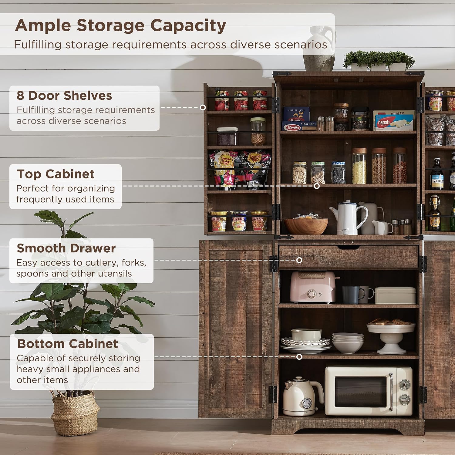 72" Tall Wooden Pantry Storage Cabinet With Door Shelves & Drawer | Farmhouse, Barn Doors, Adjustable Shelves, Freestanding, Anti-Tip Kit, For Kitchen, Dining Room, Living Room