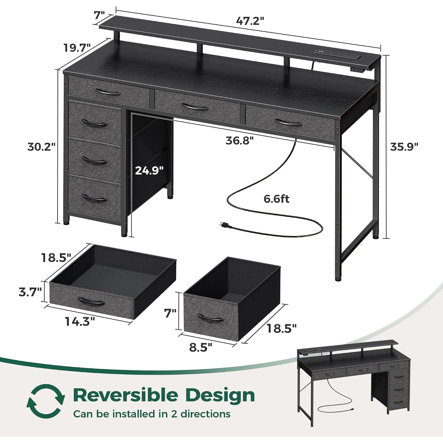 Huuger Gaming Desk With 6 Drawers, Computer Desk With Led Lights Power Outlets And Type-C, 47 Inch Office Desk With Storage, Monitor Stand, Writing Desk Work Desk Home Office, Bedroom, Black