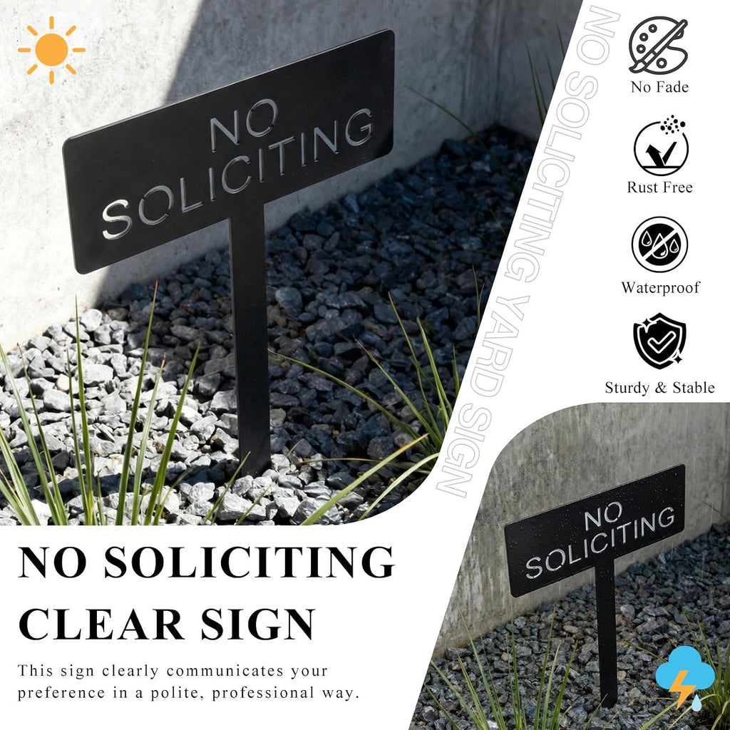 No Soliciting Metal Yard Sign For House, Modern Steel No Soliciting Sign, Outdoor No Soliciting Yard Sign For Front Yard Or Planter, 4.1” X 10.6” With 10.2” Stake, Black