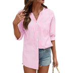 Lomon Cotton 3/4 Sleeve Button Down Shirts For Women Gingham Plaid Striped Tops V Neck Casual Loose Blouse