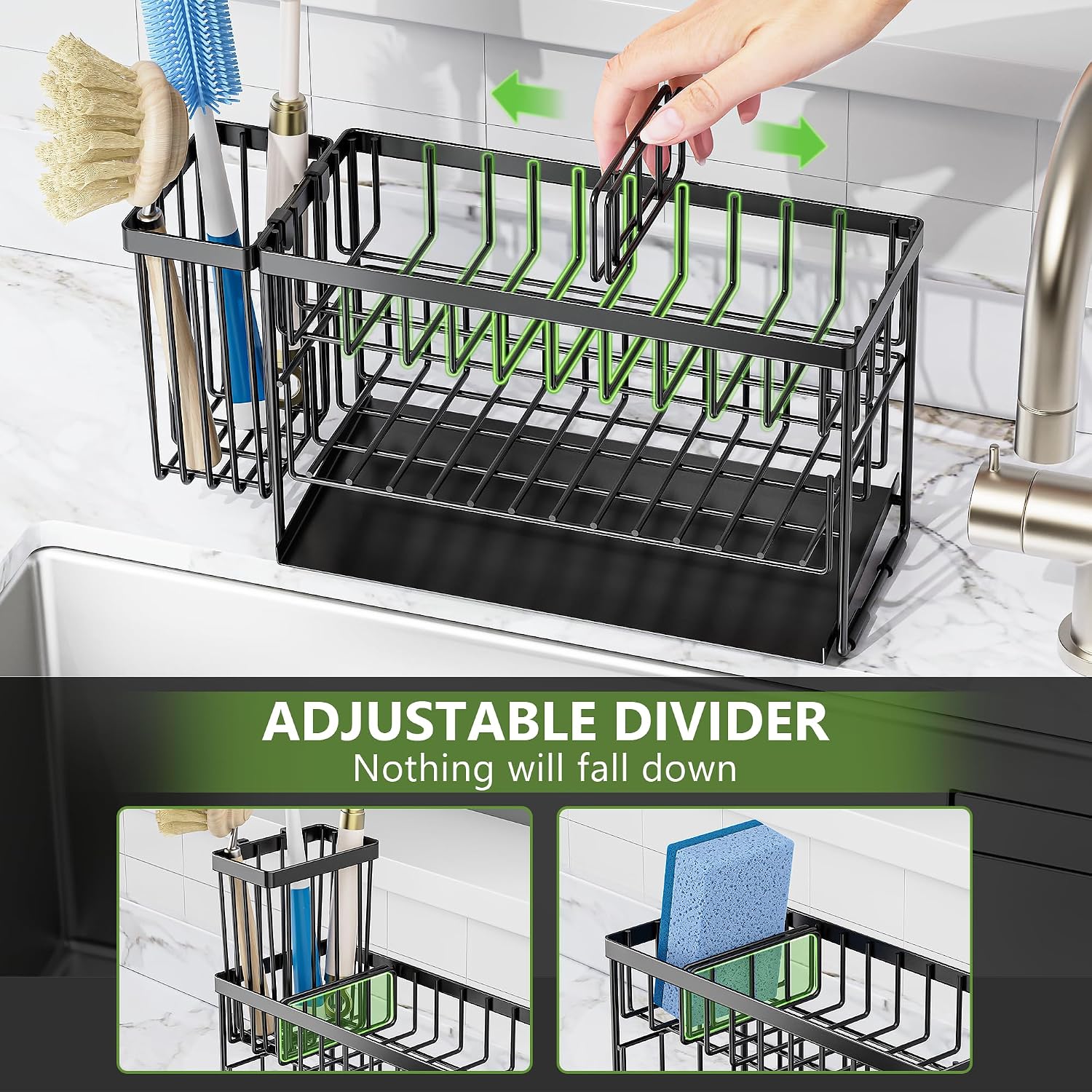 2-Tier Kitchen Sink Caddy Organzier Rack With Dish Brush Sponge Holder | Kitchen Sink Countertop Organization Storage,Home Decor Accessories Essentials Stainless Steel