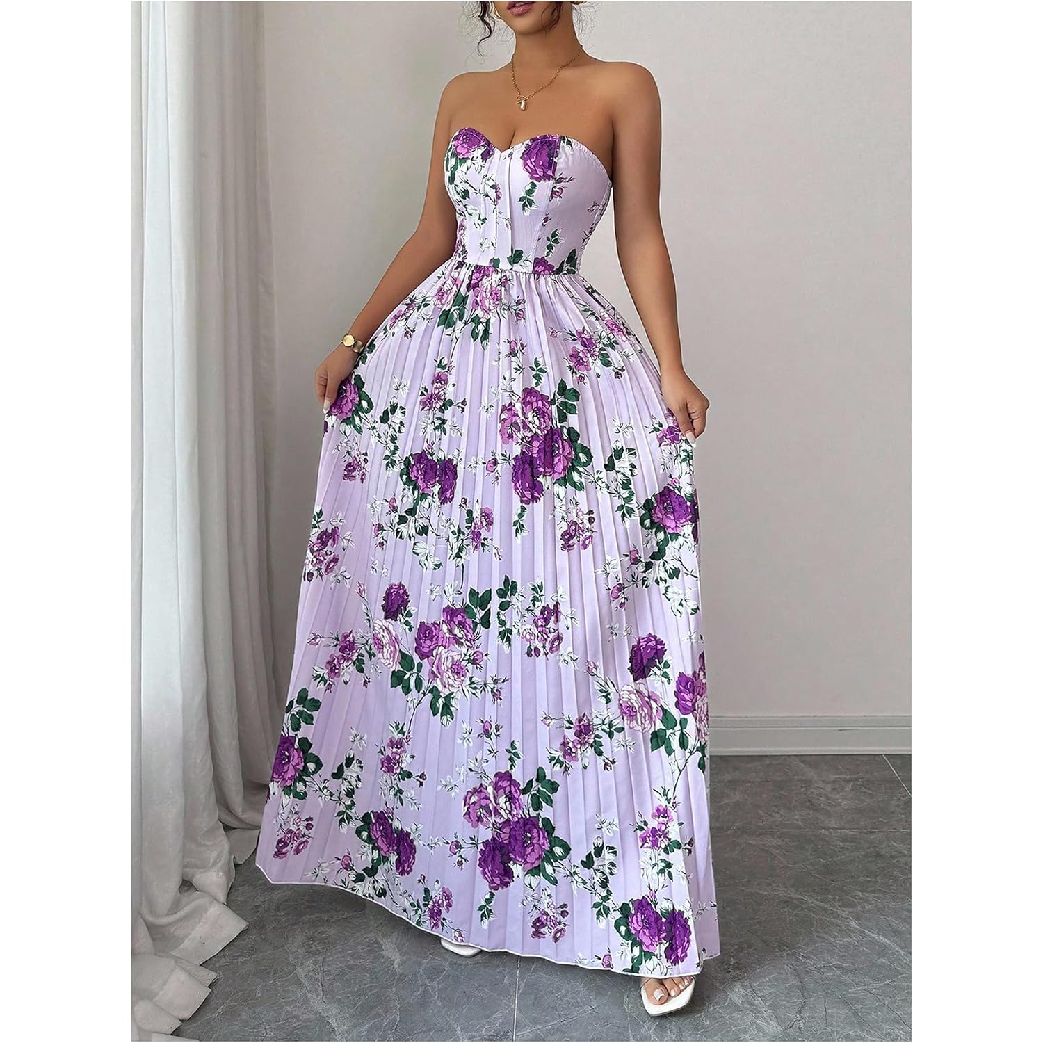 Oyoangle Women'S Summer Floral Wedding Guest Dress Jacquard Tube Sleeveless Pleated A Line Cocktail Party Prom Dress