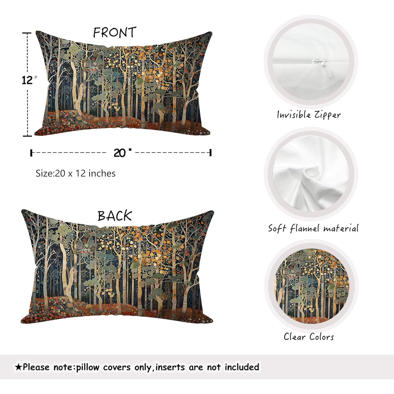 Rustic Autumn Forest Pillow Covers 20x12 Double-Sided, Fall Home Room Decor, Vintage Botanical Nature William Morris Inspired Decorative Throw Pillow Covers for Home Bedroom Living Room