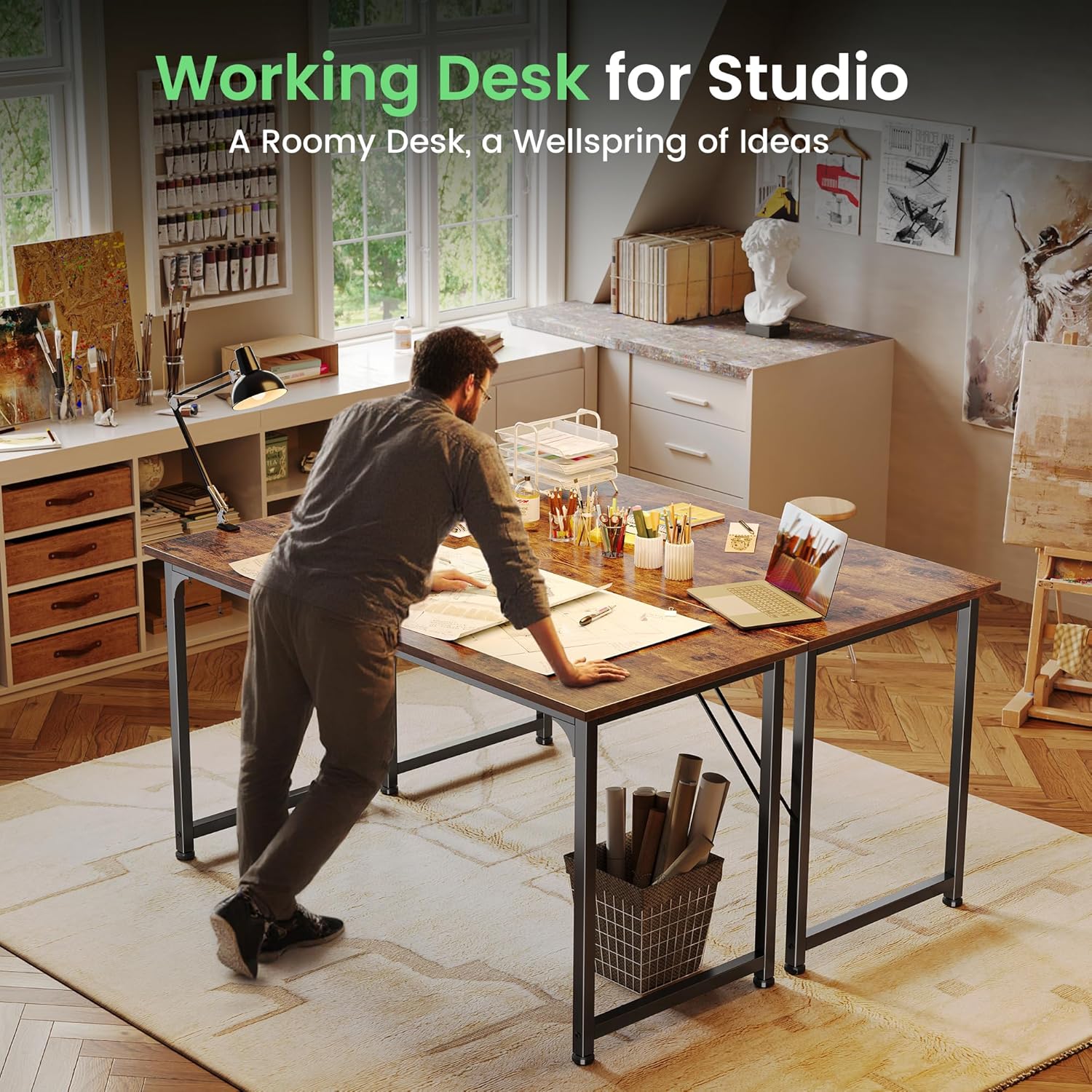 Huuger Computer Desk, 55 Inch Home Office Desk, Gaming Writing Work from Home Study Desk, Large Legroom, Sturdy Metal Frame, Modern Simple, Rustic Brown