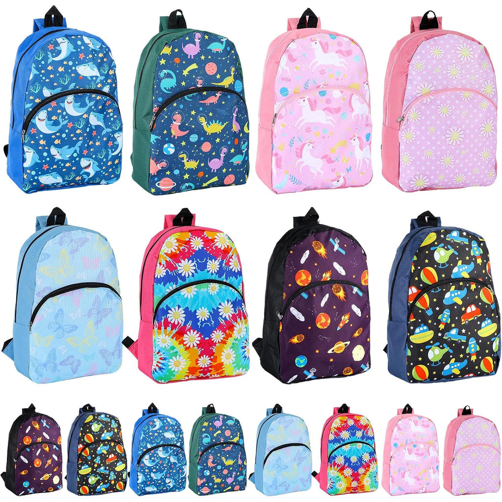 24 Pack School Backpack Bulk 15'', Assorted Printed Bookbags For Boys Girls, Homeless Donations Supplies