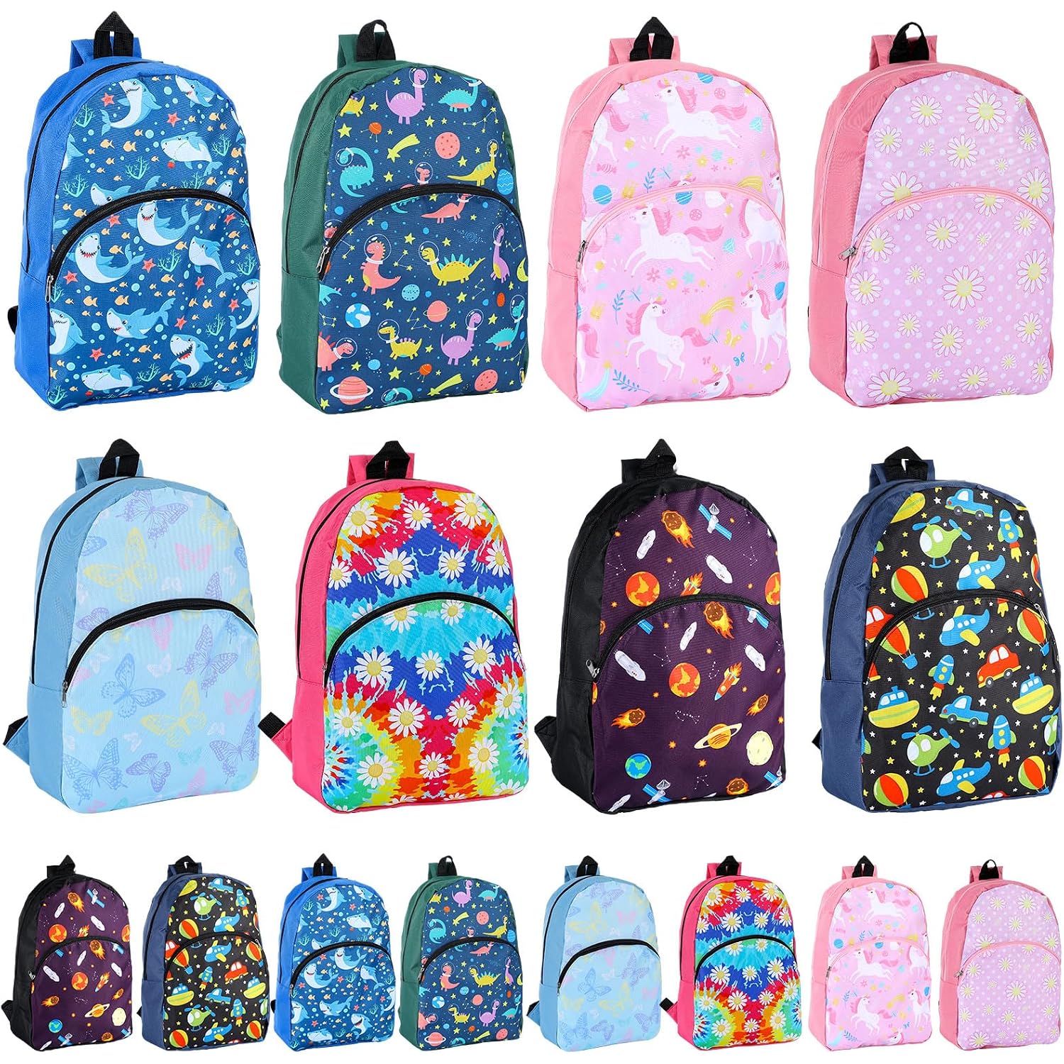 24 Pack School Backpack Bulk 15'', Assorted Printed Bookbags For Boys Girls, Homeless Donations Supplies
