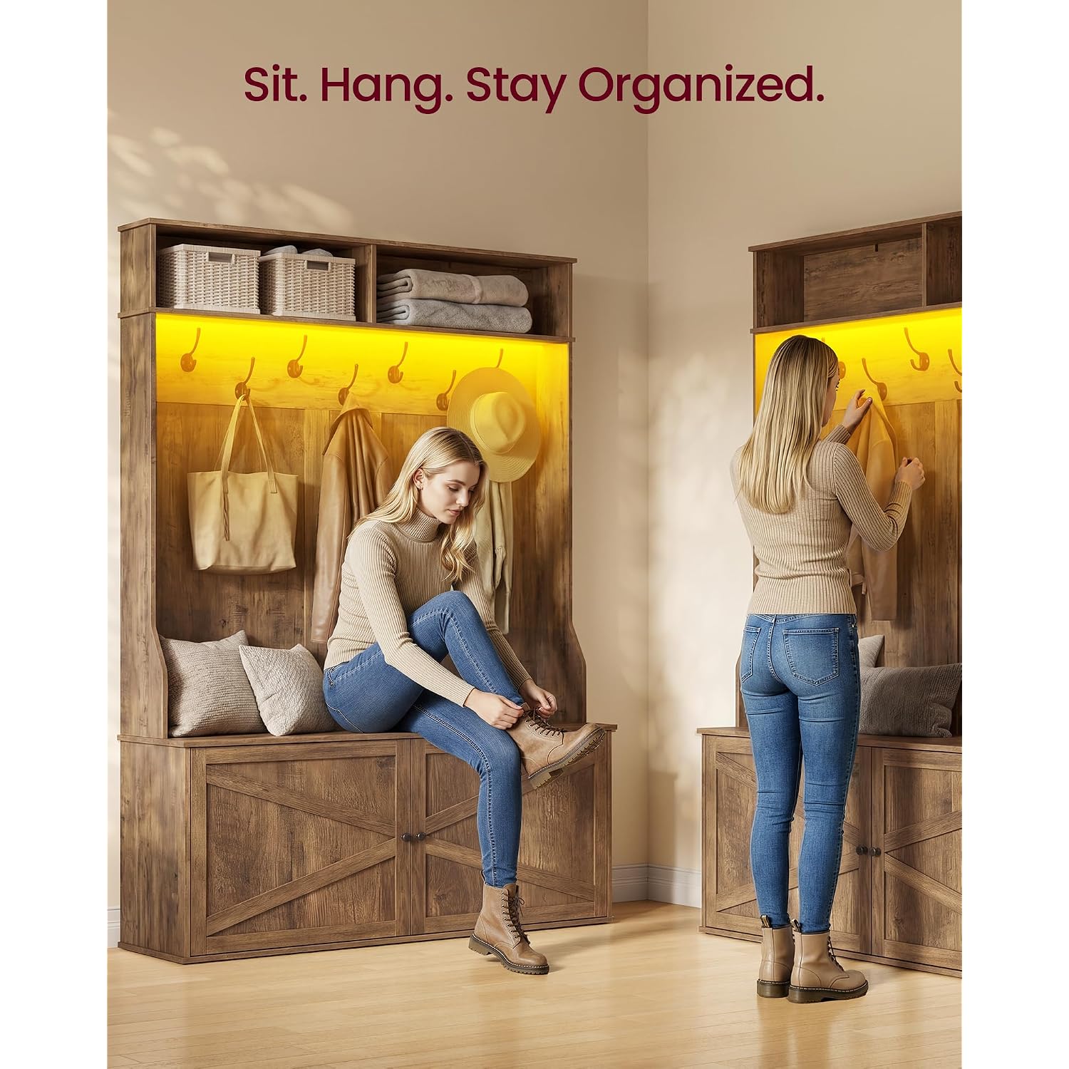 Vasagle Hall Tree With Bench And Shoe Storage, 5-In-1 Coat Rack With Shoe Bench, Adjustable Led Light, 7 Double Hooks, Farmhouse Entryway Furniture, Honey Brown Uhsr653Kb01S