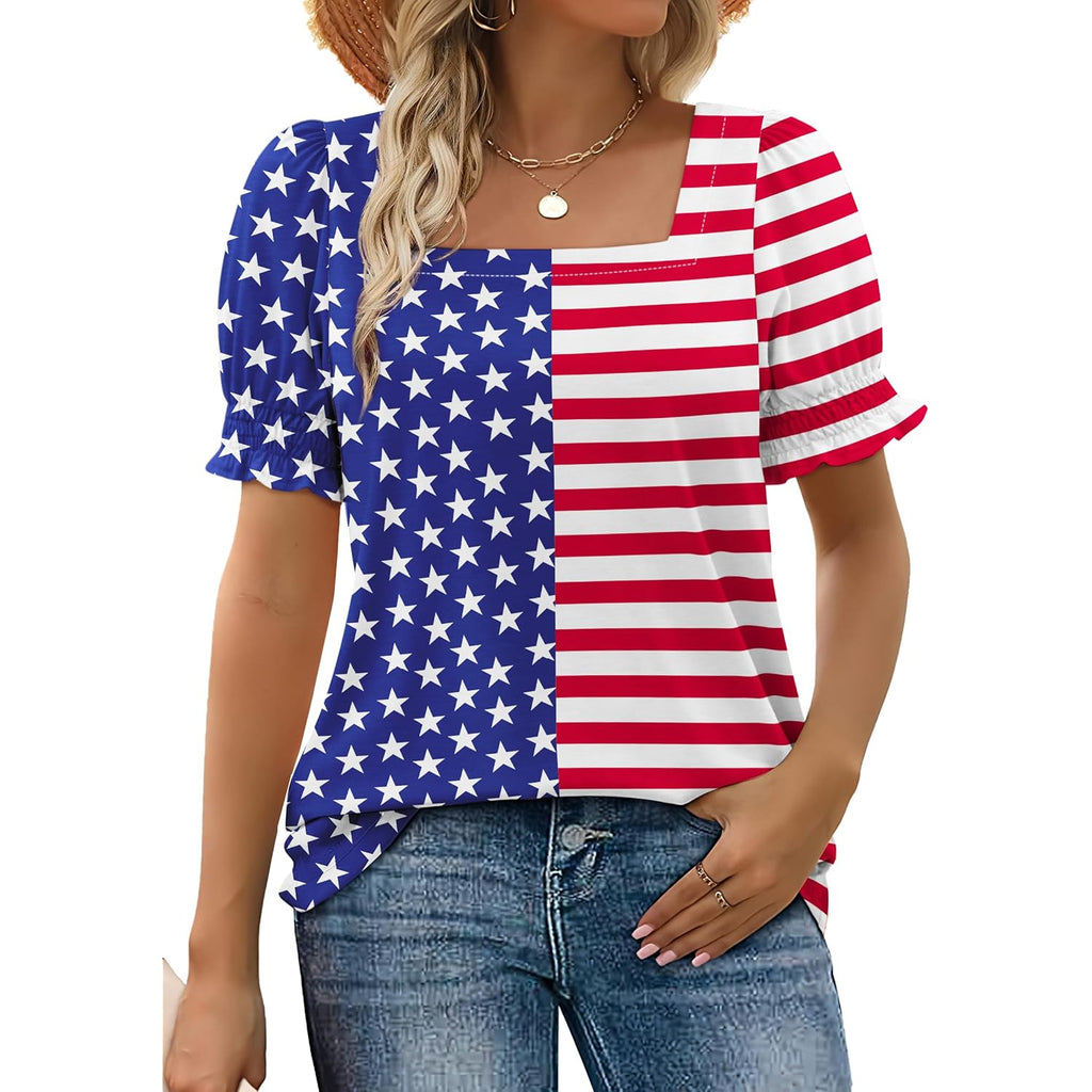WIHOLL Tops for Women Summer Casual Ruffle Trim Sleeve Square Neck T Shirts