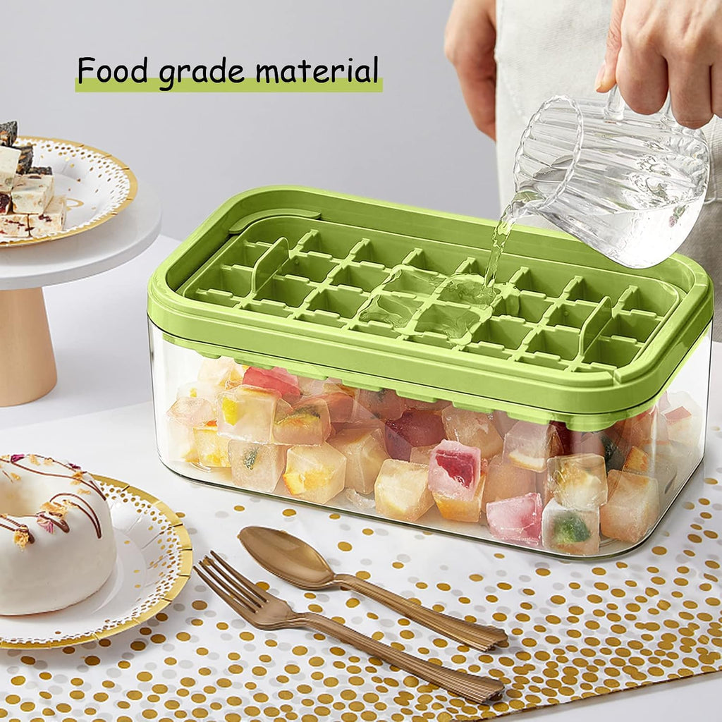 Ice Cube Tray With Lid And Bin, 2 Pack Ice Cube Trays For Freezer, 64 Pcs Ice Cube Mold, Press Button Easy Release Ice Tray, Small Ice Cubes Maker For Drinks(Green)