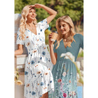 Womens Summer Casual Dresses Short Sleeve Midi Warp V-Neck Floral Dress with Pockets Tiered Flowy A Line Sundress