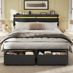 Forestell Queen Bed Frame With Wood Headboard, Black Platform Bed With 2 Storage Drawers & Shelf, Built-In Charging Station & Led Lights, Metal Support, No Box Spring Needed, Cama Queen Size