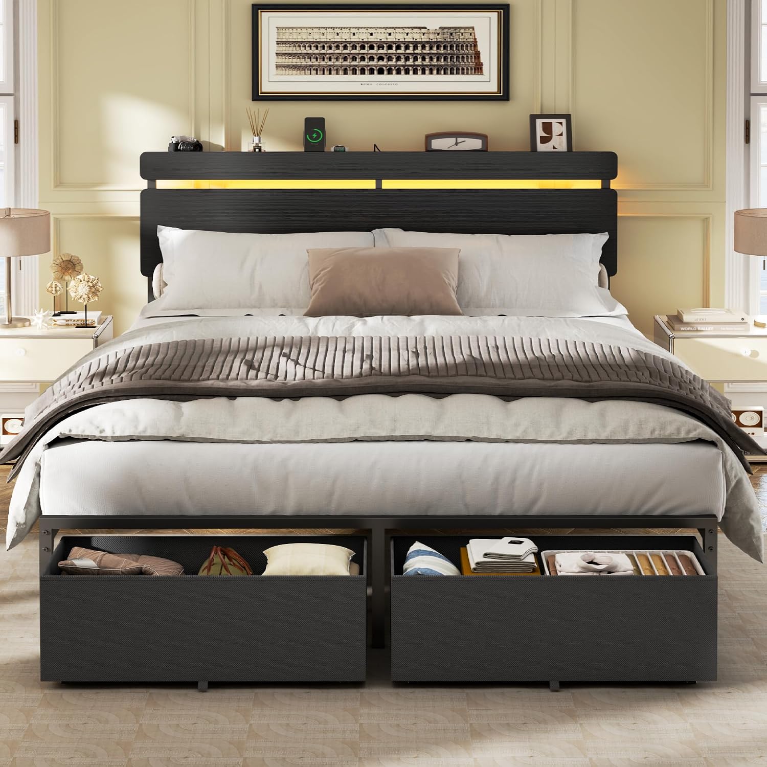 Forestell Queen Bed Frame With Wood Headboard, Black Platform Bed With 2 Storage Drawers & Shelf, Built-In Charging Station & Led Lights, Metal Support, No Box Spring Needed, Cama Queen Size