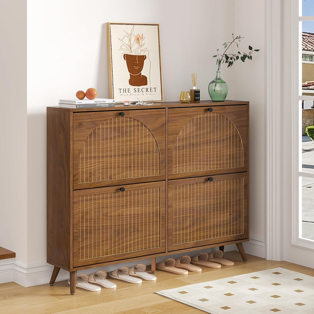 Fsbecl Shoe Storage Cabinet For Entryway With 4 Flip Drawers, Narrow Shoe Organizer With Fluted Panel, Freestanding Wood Hidden Shoe Cabinet