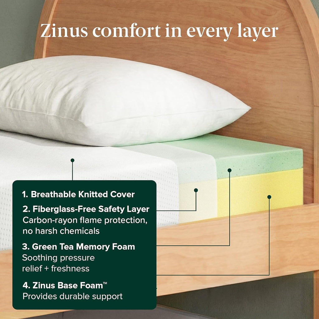 Zinus 6 Inch Twin Green Tea Memory Foam Mattress [New Version], Fiberglass Free, Medium Firm Feel, Zoned Pressure Relief, Certified Safe Foams & Fabric, Mattress in A Box