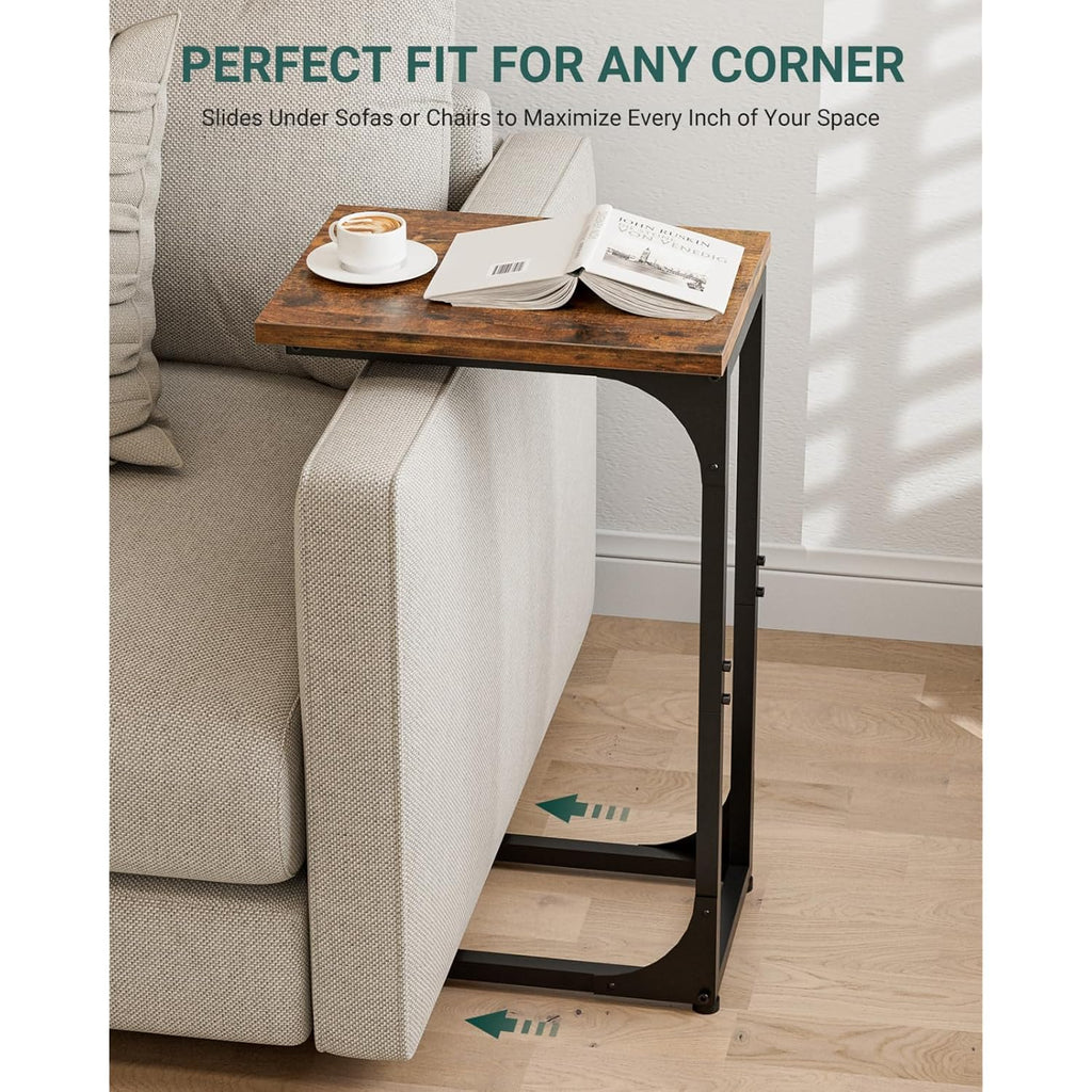 C-Shaped Side Table For Couch - Small Coffee Stand Sofa Tray Desk With Metal Frame And Waterproof Scratch Resistant, Modern End Accent For Living Room, Bedroom, Small Spaces, Rustic Brown